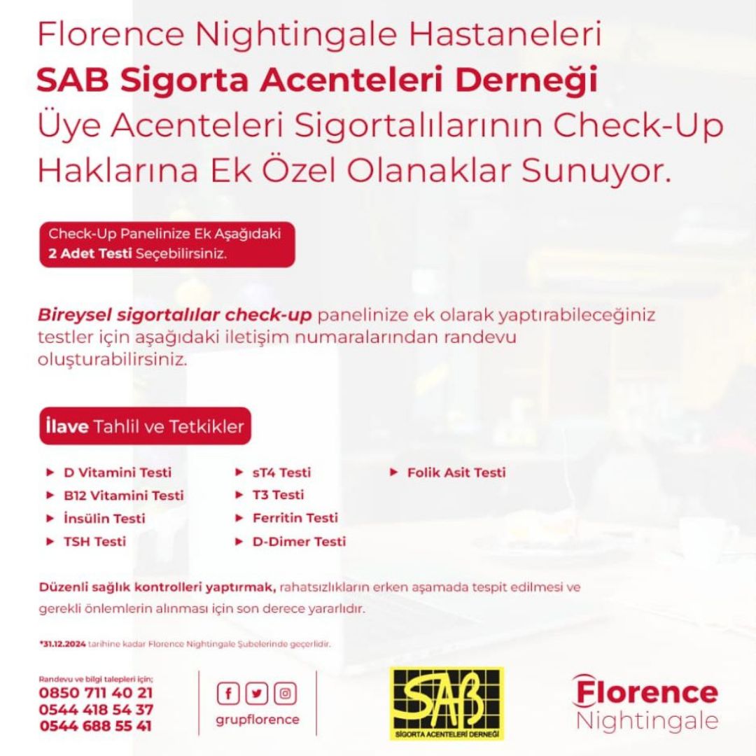 Florence Nightingale Hastaneleri SAB Sigorta Acenteleri Derneği Üye Acenteleri Sigortalılarının Check-Up Haklarına Ek Özel Olanaklar